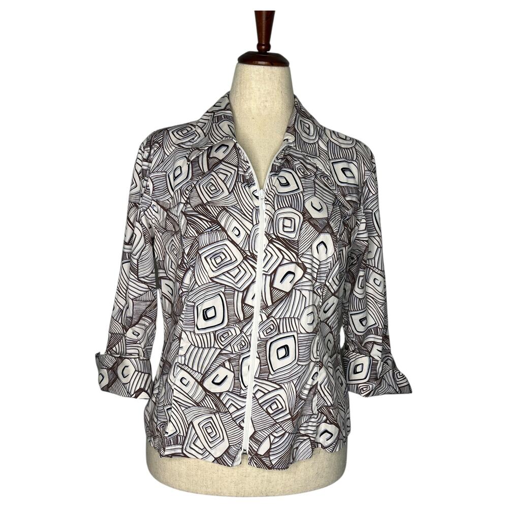 Anne Fontaine Women's Yveline Blazer Top Size 5 L Brown Geo 3/4 Sleeve Italy